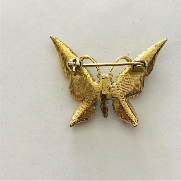 Vintage 80's Gold Plated Butterfly Brooch Pin with Crystals - Picture 3 of 8